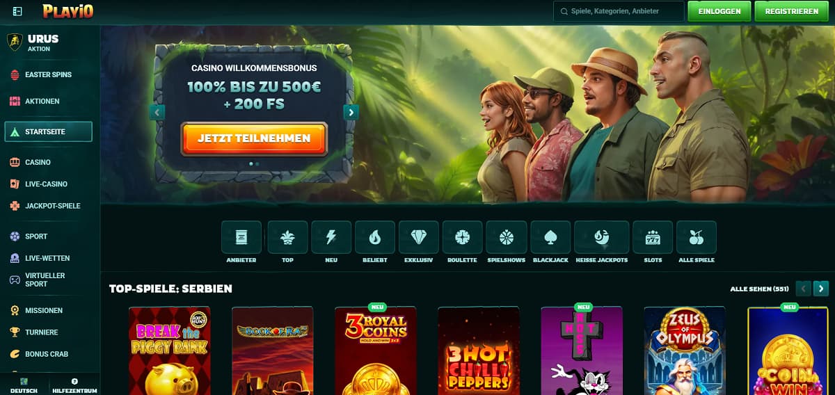 Casino-Website mit einer Vielzahl an Live-Casino-Spielen, darunter Gold Saloon Roulette, Crazy Time und Mega Fire Blaze Roulette Live. Die übersichtliche Navigation bietet Kategorien wie Casino, Live Casino, Jackpots und Sportwetten. Perfekt für Spieler, die ein Casino mit schneller Auszahlung suchen.