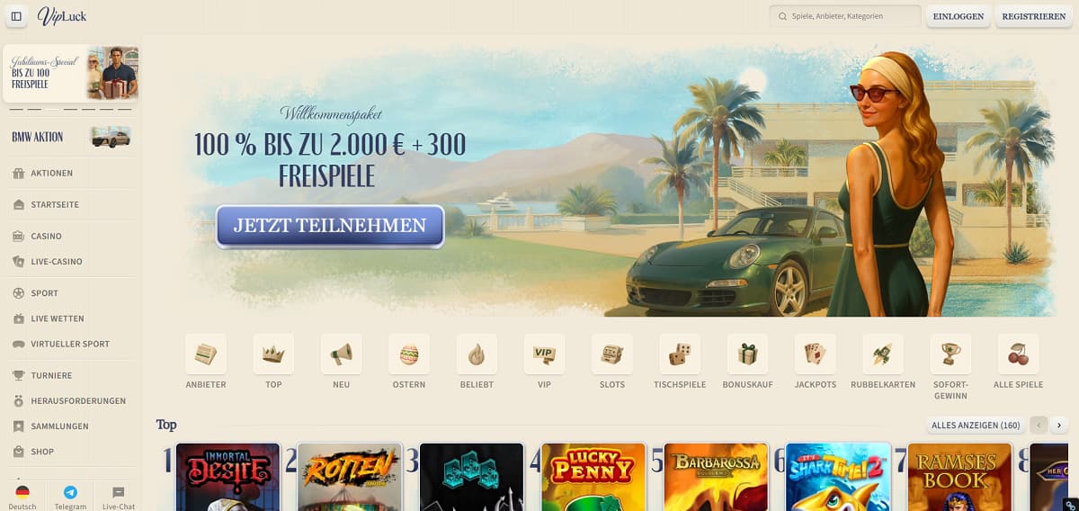 Promotionsbanner für Casino ohne deutsche Lizenz mit Willkommenspaket, luxuriösem Lifestyle, Bonusangeboten bis 2.000 € und 300 Freispielen.
